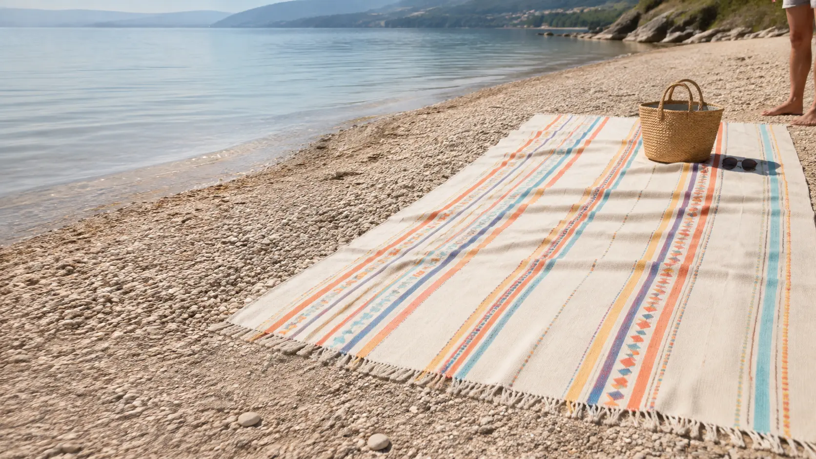 Grosse, farbig gewebte Fouta an einem ruhigen Kiesstrand